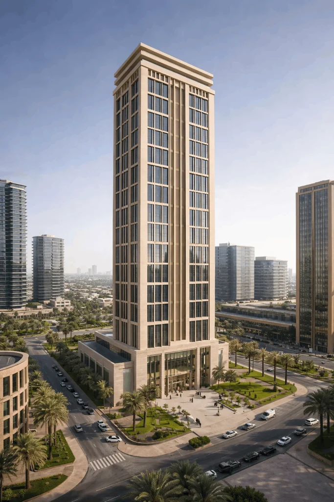 3D daytime visualization of a modern urban skyscraper with a tiered flat roof, beige exterior, and expansive glass windows situated in a busy city landscape.