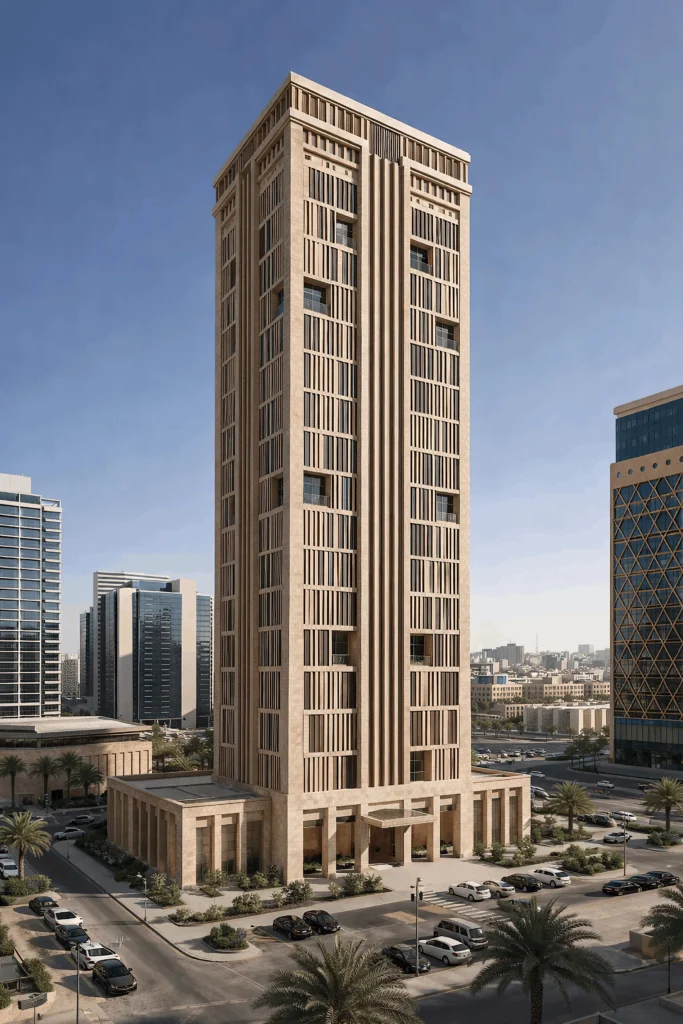 Exterior architectural rendering of a contemporary high-rise building with intricate vertical beige paneling and recessed glass windows in a modern cityscape.