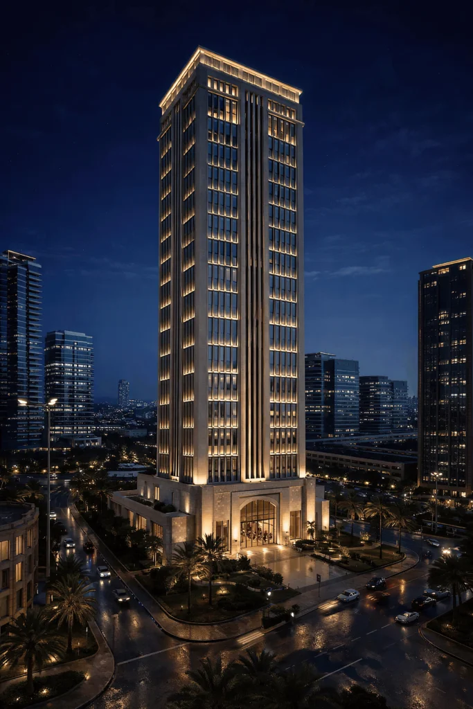 Nighttime 3D architectural rendering of an illuminated skyscraper with a glowing arched entrance and vertically lit facade against a dark urban skyline.