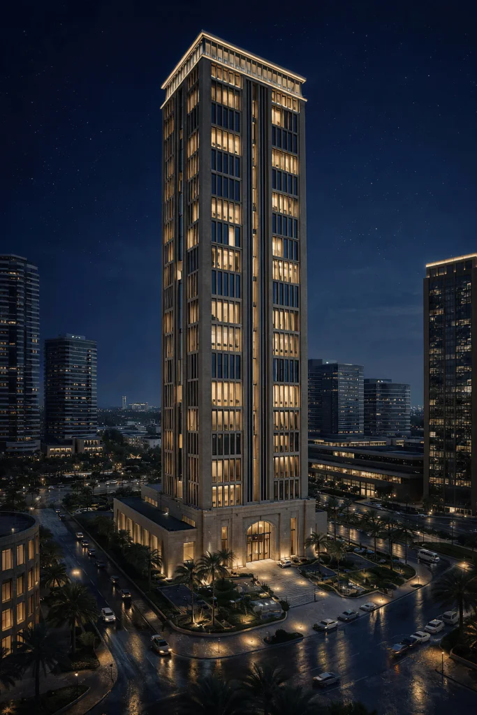 3D night rendering of a modern commercial office tower with brightly lit windows, an illuminated top crown, and wet city streets below.
