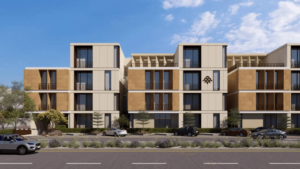 3D architectural rendering of a modern low-rise residential complex featuring alternating beige and wood-paneled facades with dark balcony railings.