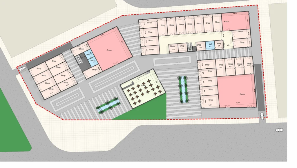 Architectural ground floor master plan for a commercial retail plaza detailing shop layouts, anchor stores, an outdoor cafe, and landscaped parking areas.