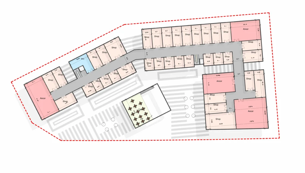 Architectural first-floor plan for a commercial retail center showing the arrangement of individual shops, anchor stores, and pedestrian walkways.
