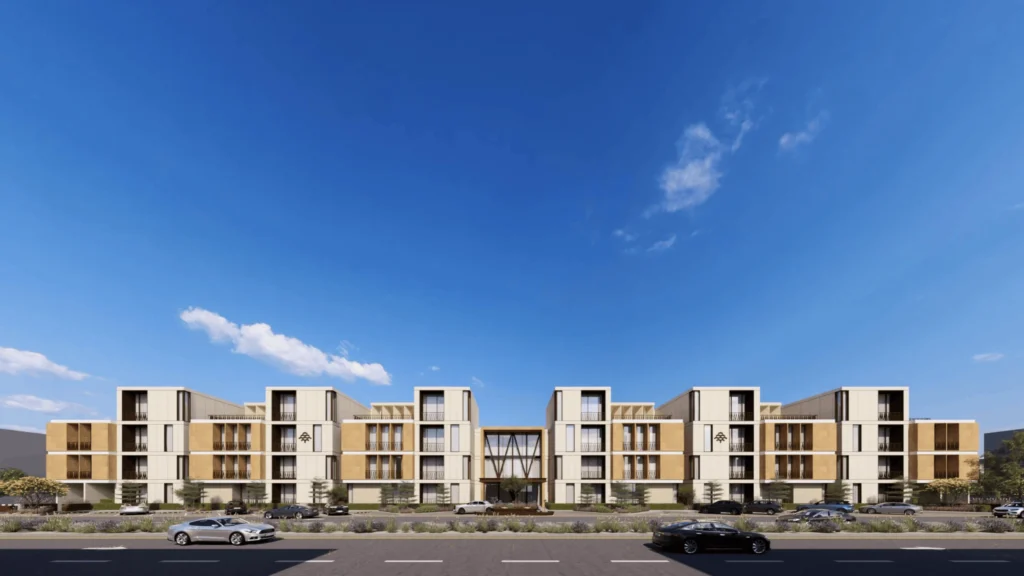 Wide panoramic 3D rendering of a symmetrical modern low-rise building complex with a prominent central glass entrance and repeating geometric facade modules.