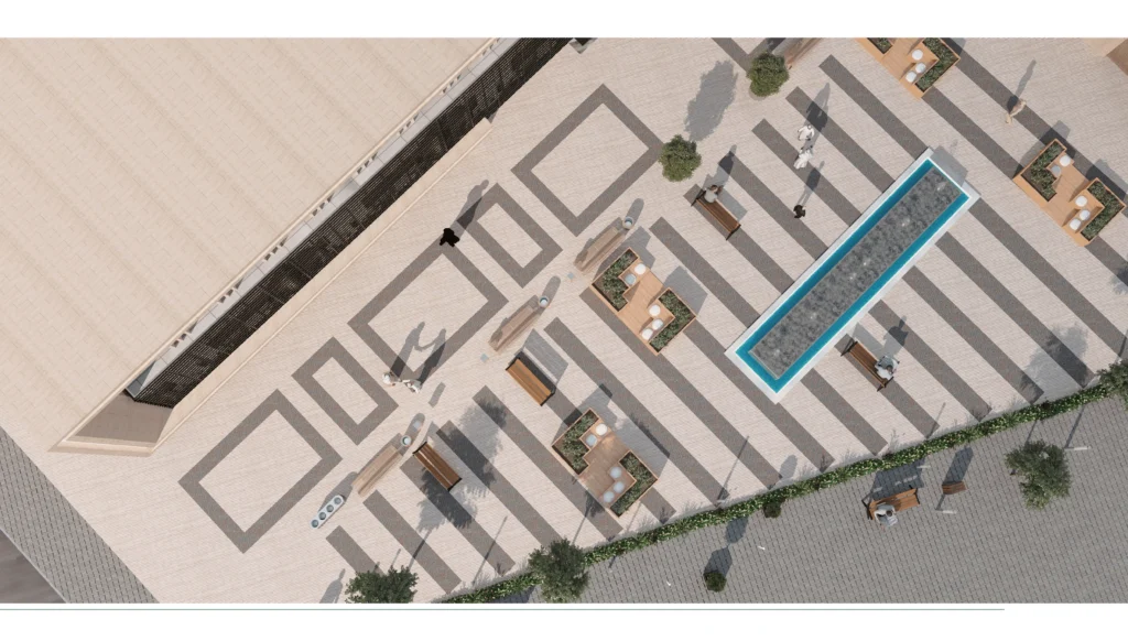 Top-down 3D rendering of a modern outdoor commercial courtyard featuring striped stone paving, a long rectangular water feature, and integrated wooden seating areas.