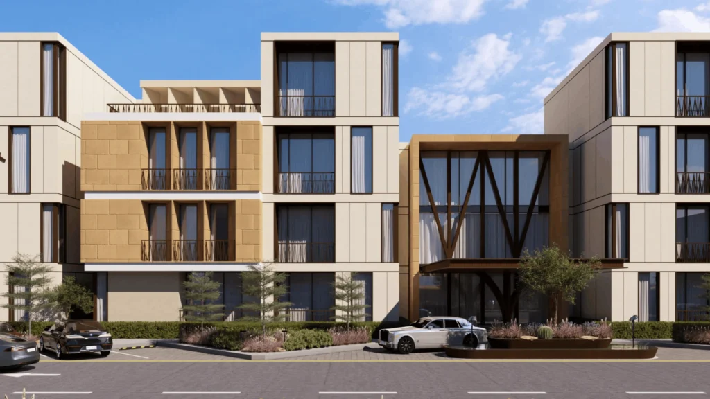 Close-up 3D rendering of a modern building's grand entrance, featuring a two-story glass atrium with prominent V-shaped supports and a luxury car parked under the canopy.
