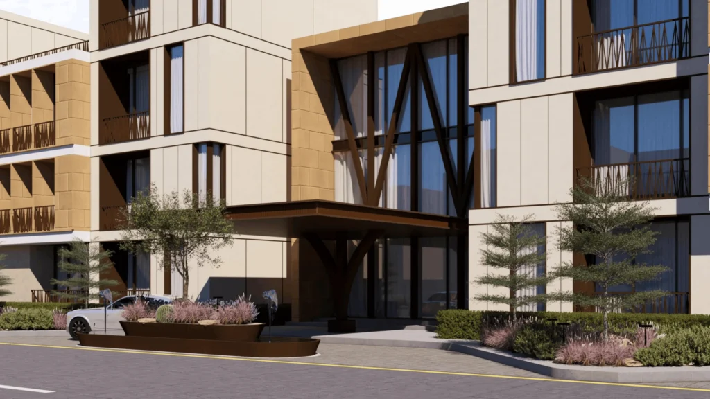 Close-up angled 3D rendering of a modern building entrance canopy, showing structural V-beams behind glass, and a decorative planter with a water feature in the foreground.