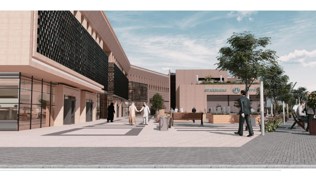 Eye-level 3D exterior rendering of a pedestrian promenade at a modern shopping center, showing a Starbucks, intricate dark facade screens, and people walking.