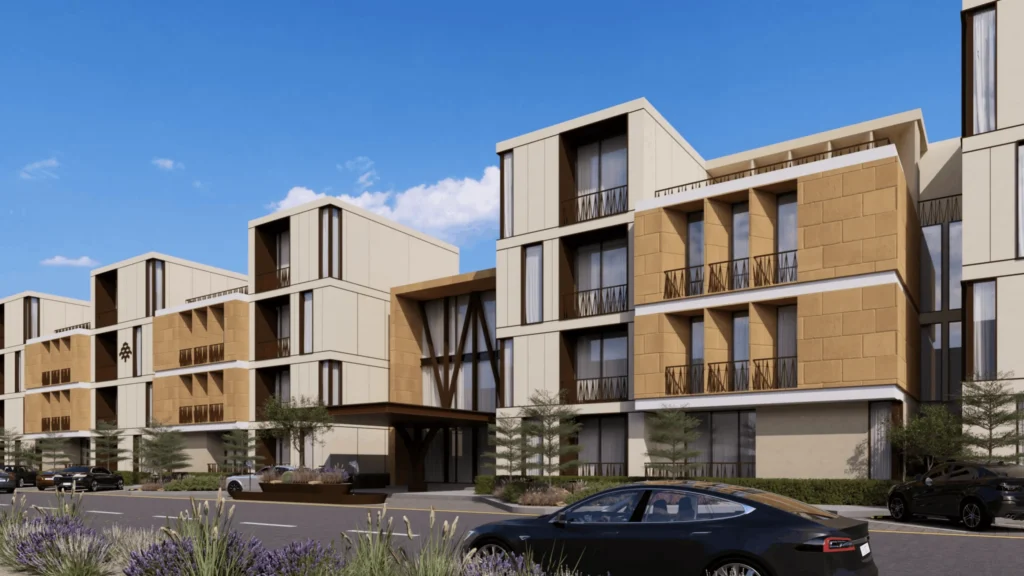 Angled street-level 3D rendering of a modern geometric apartment complex with alternating beige and wood panels, with a dark car passing in the foreground.