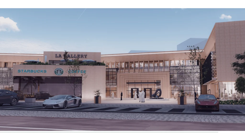 3D daytime rendering of the main entrance to a luxury commercial plaza, featuring La Gallery and Starbucks storefronts with high-end sports cars parked in the foreground.
